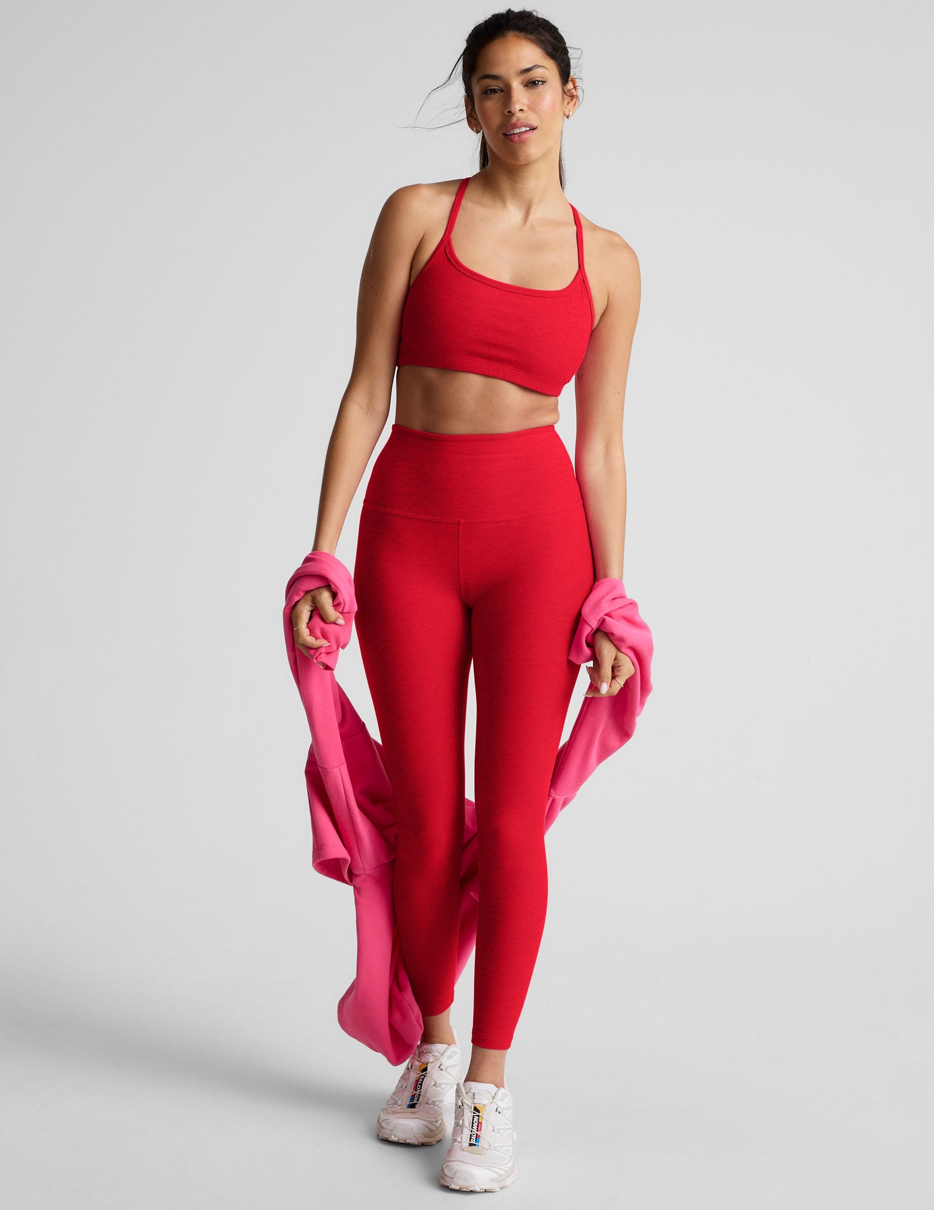 red racerback bra with slim straps.