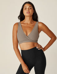 brown crossover v-neck nursing bra.