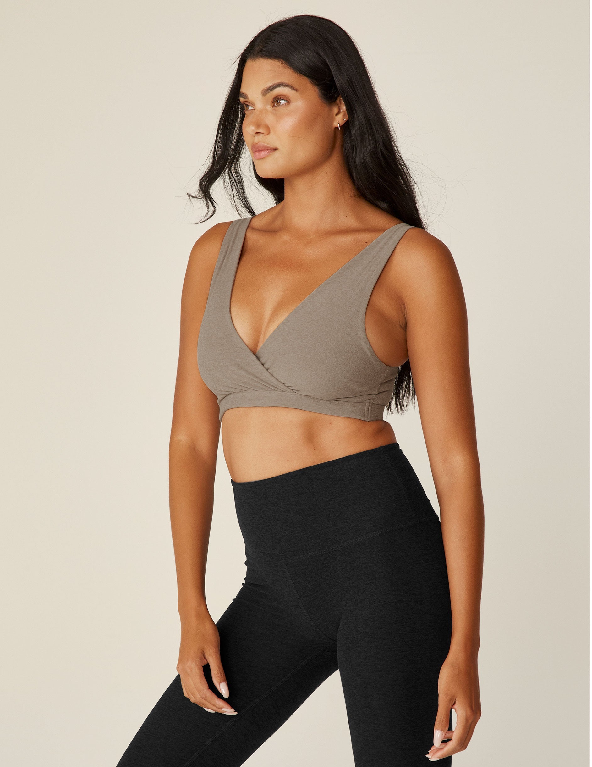 brown crossover v-neck nursing bra.