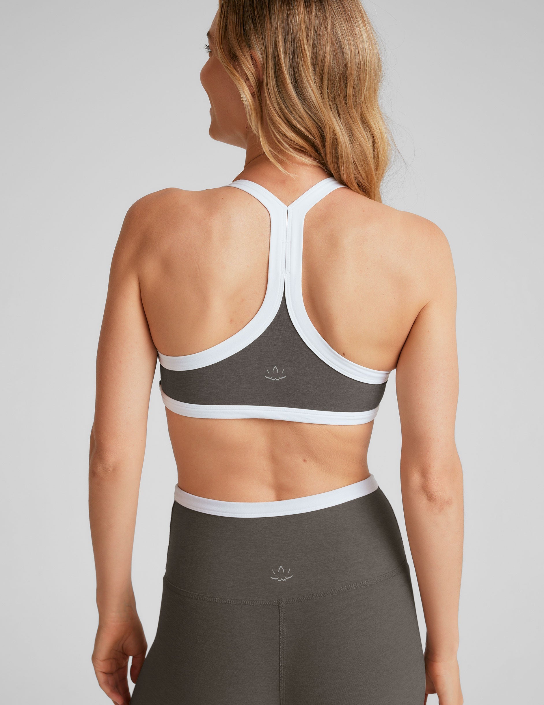 gray and white sport bra