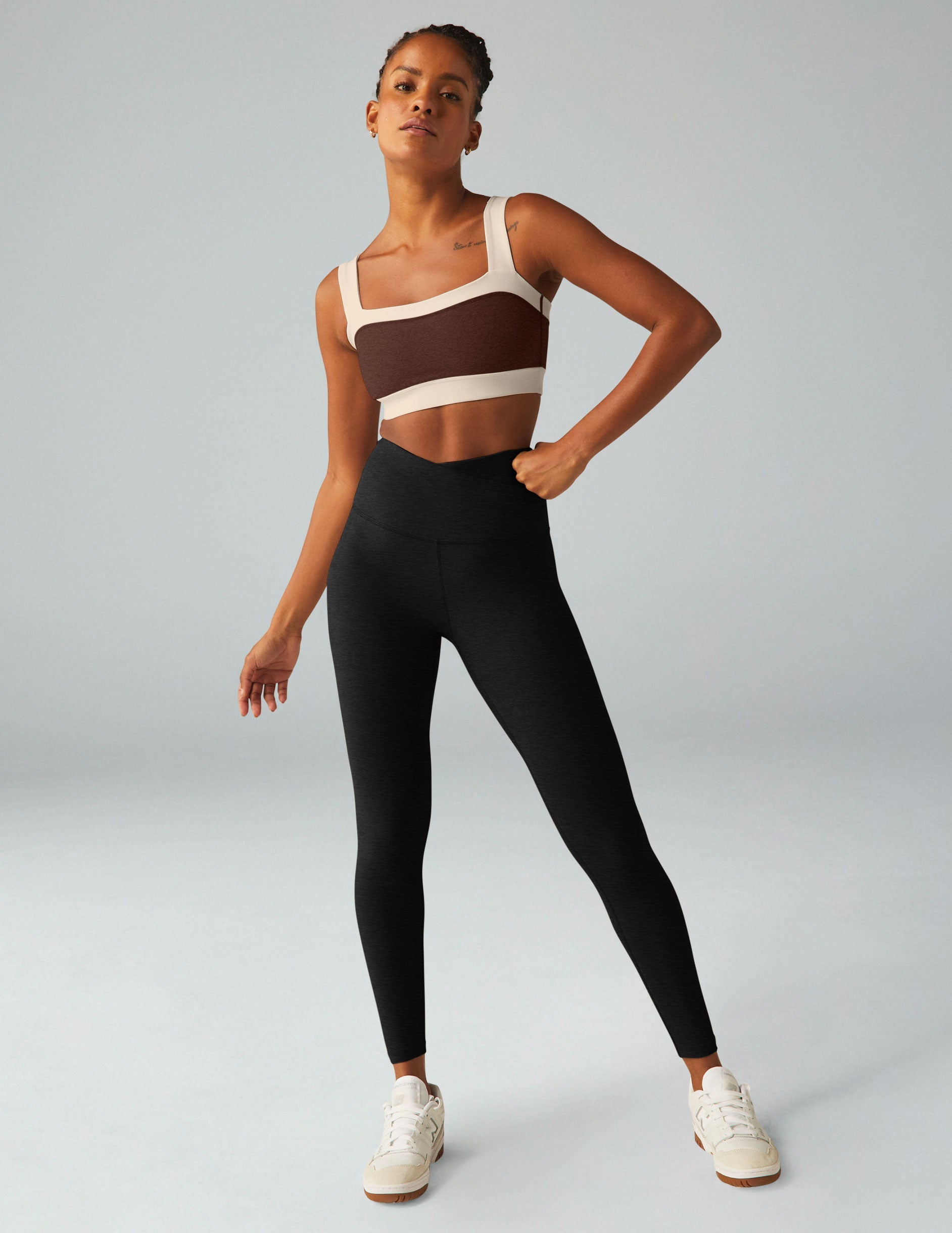 brown square neck bra top with white outlining.