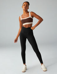 brown square neck bra top with white outlining.
