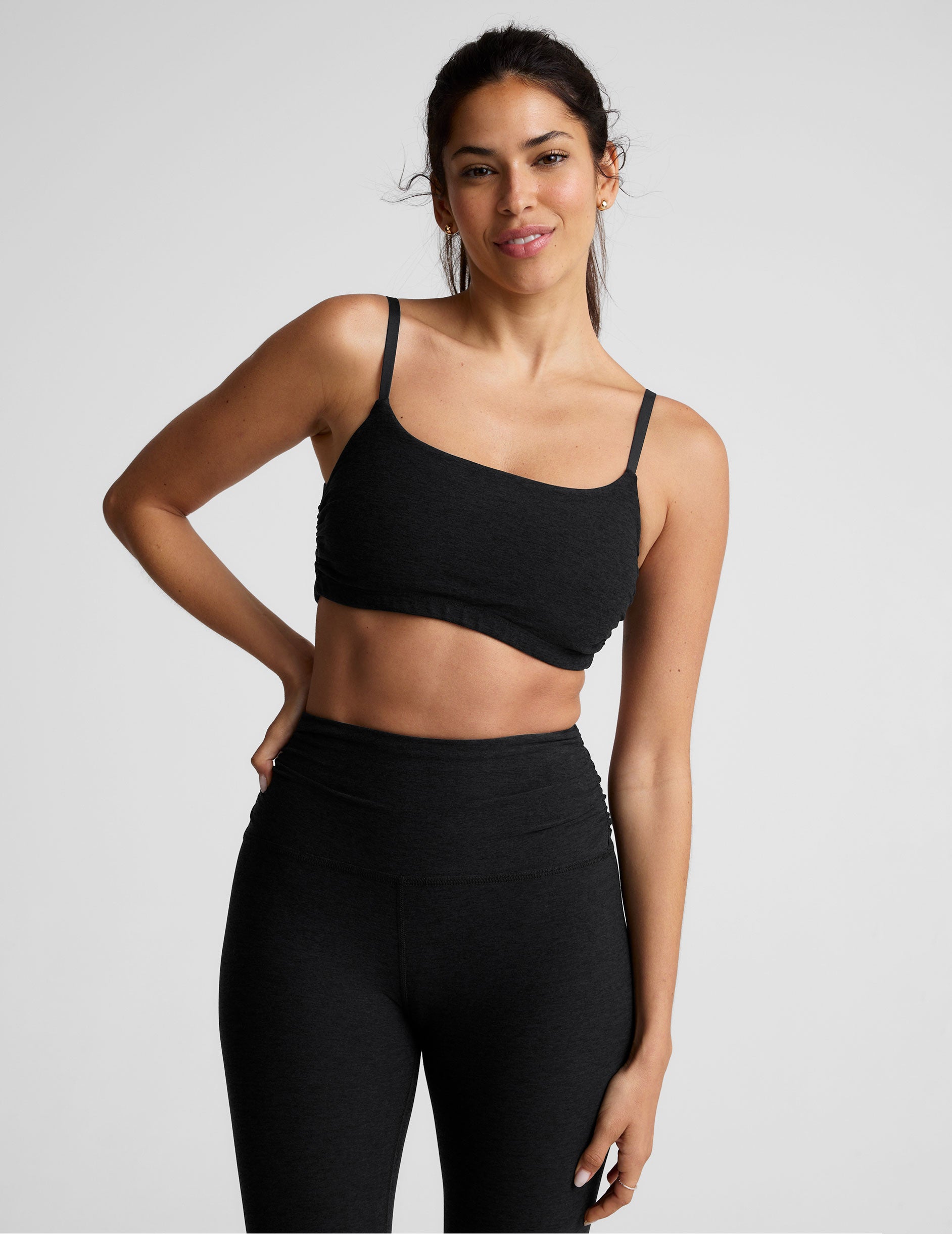 black slim racerback bra with shirred detailing on the sides.