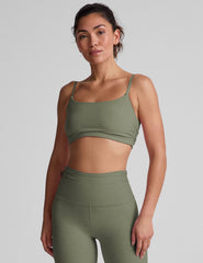 green slim strap bra top with shirred detailing on sides.