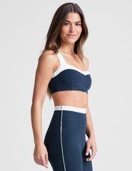 navy blue bra top with a colorblock sweetheart neckline.