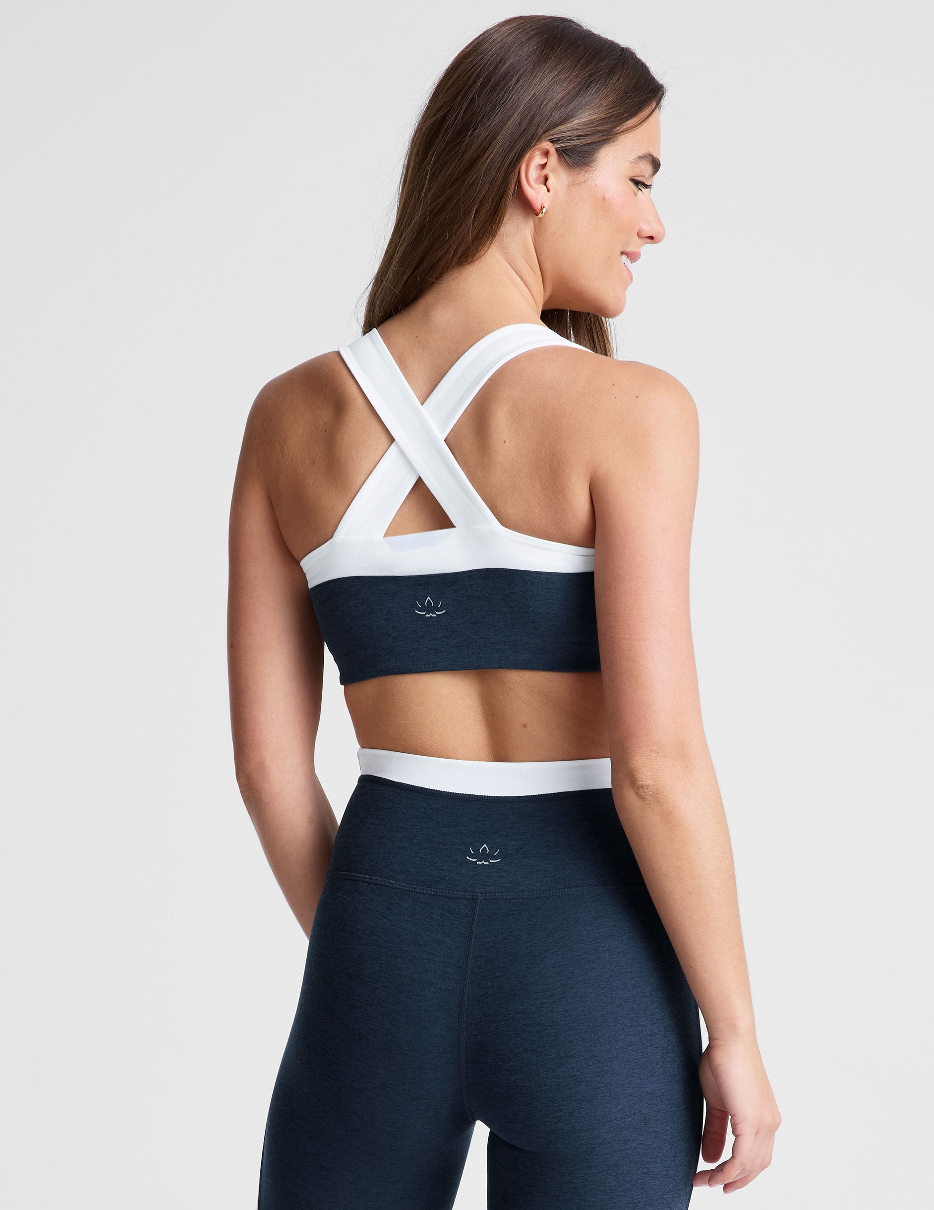 navy blue bra top with a colorblock sweetheart neckline.