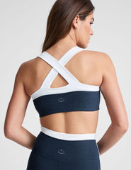 navy blue bra top with a colorblock sweetheart neckline.