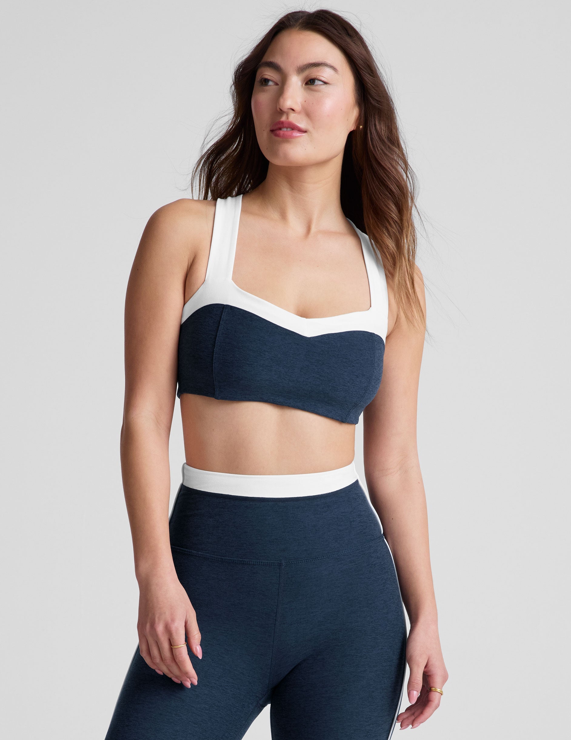 navy blue bra top with a colorblock sweetheart neckline.