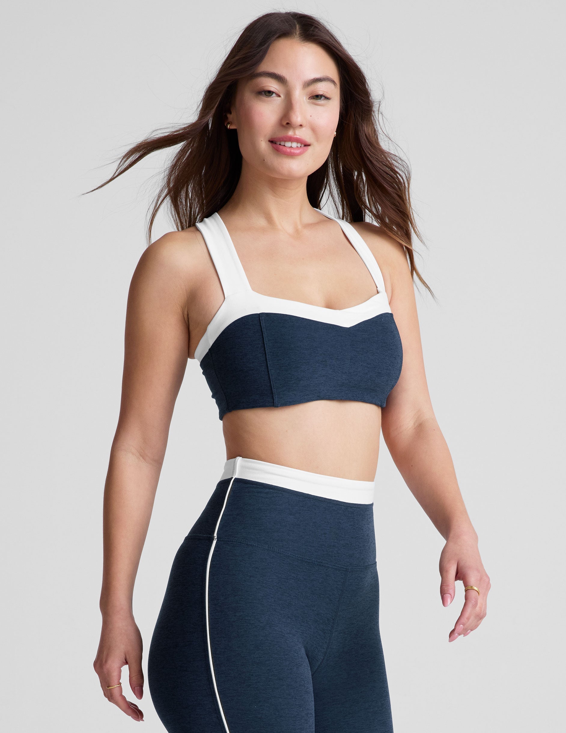 navy blue bra top with a colorblock sweetheart neckline.