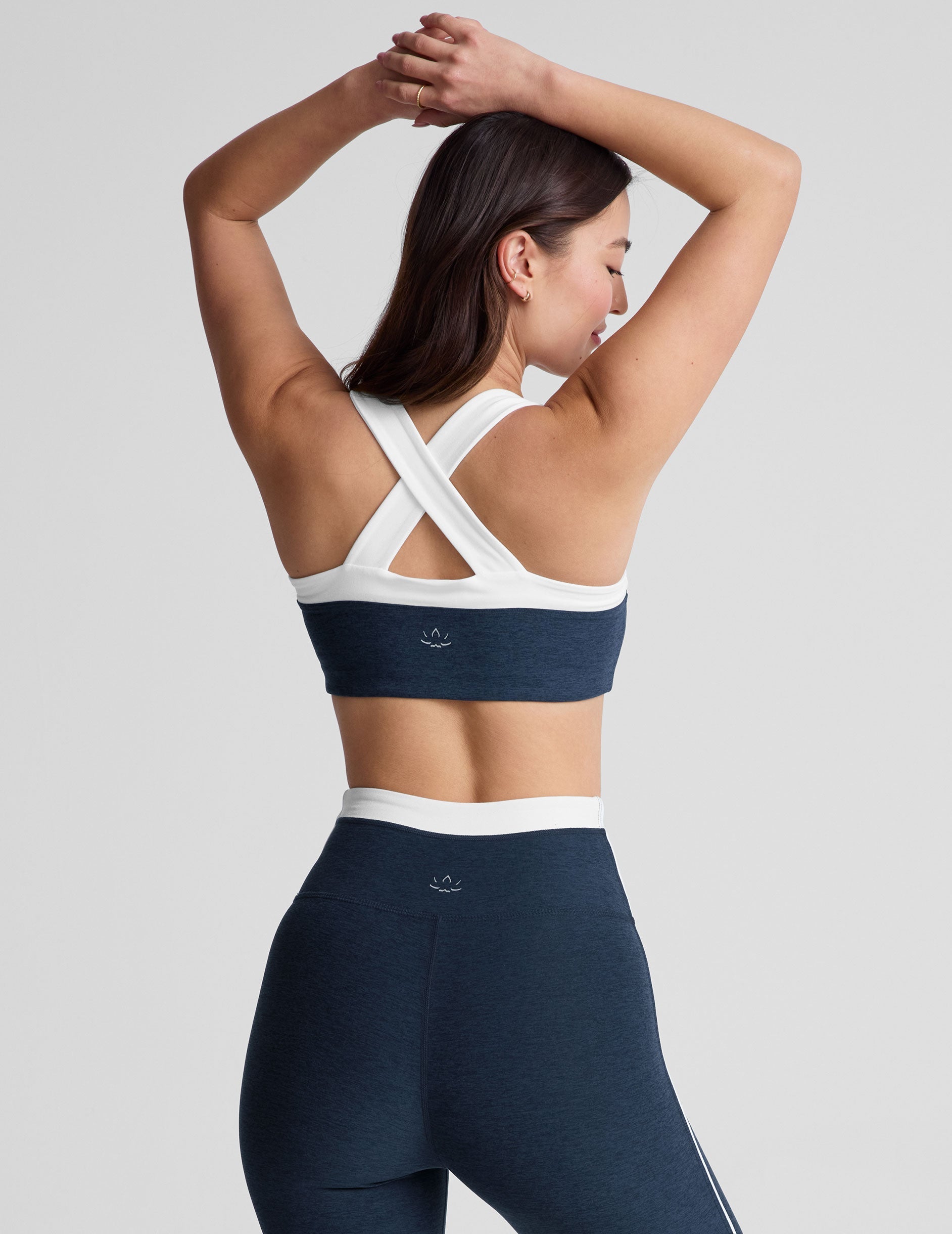 navy blue bra top with a colorblock sweetheart neckline.