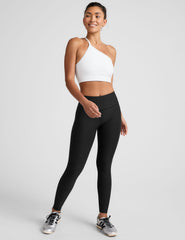 white long line length bra with a one strap detail and open back.