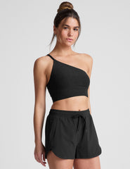 black long line length bra with a one strap detail and open back.