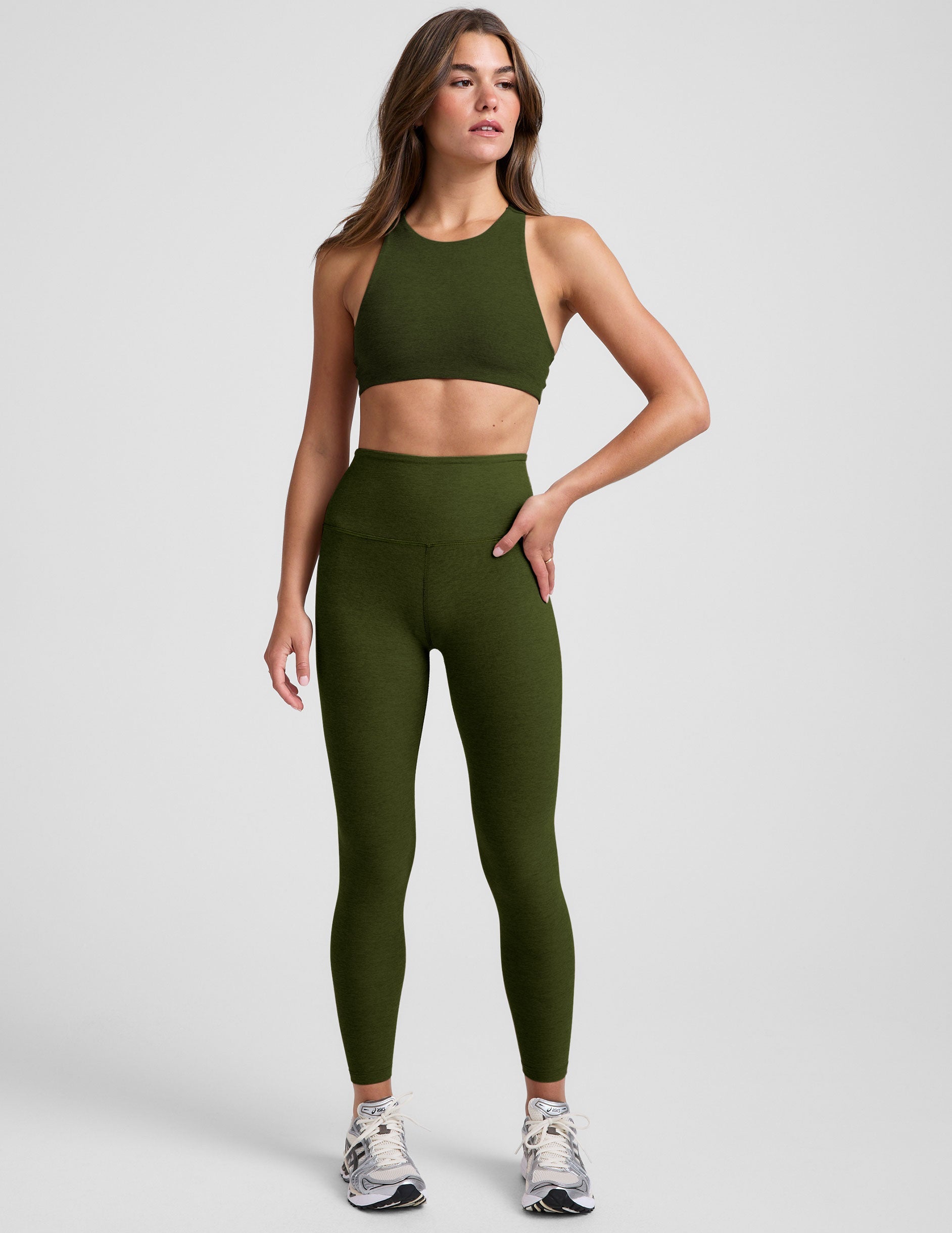 green high-neck racerback bra.
