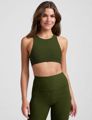green high-neck racerback bra.