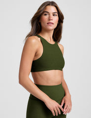 green high-neck racerback bra.