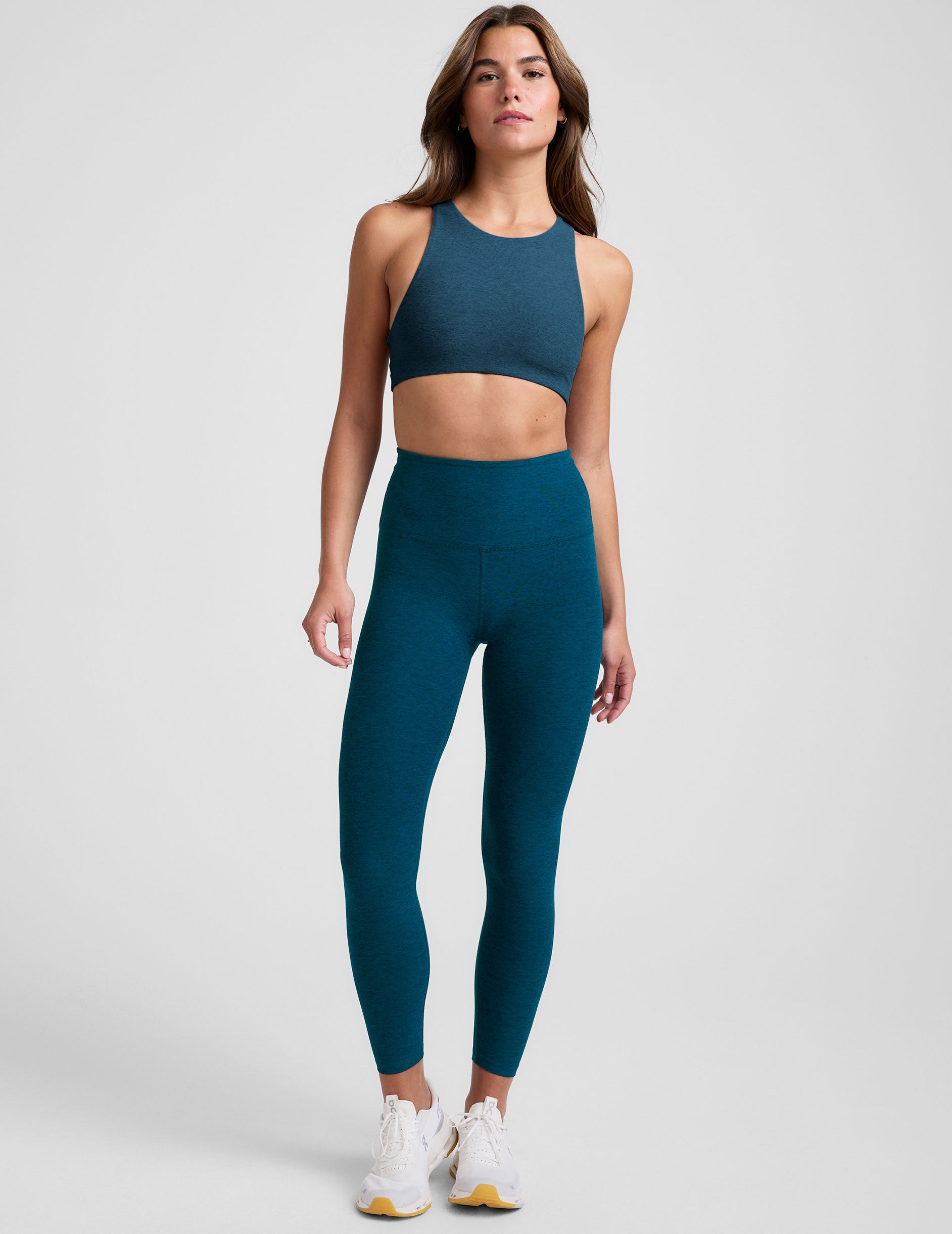 blue high-neck racerback bra.