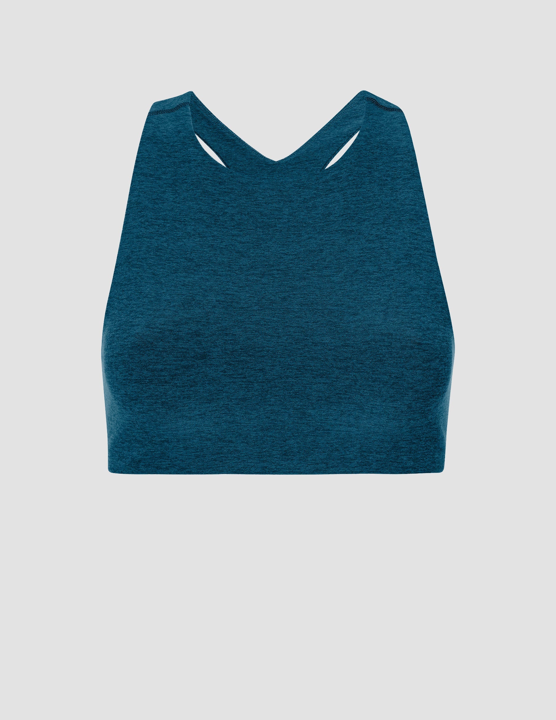 blue high-neck racerback bra.