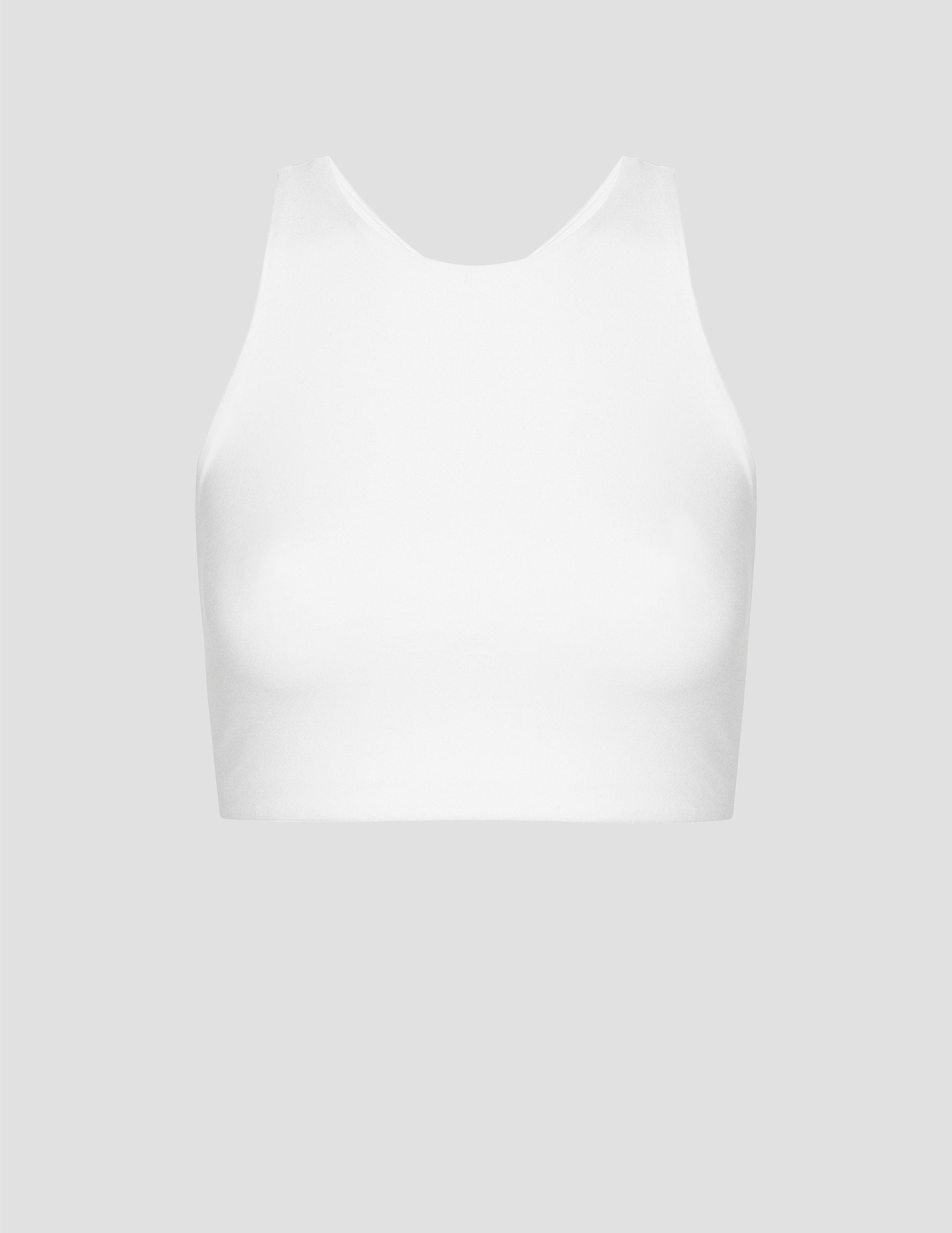 white high-neck racerback sports bra on a light gray background.