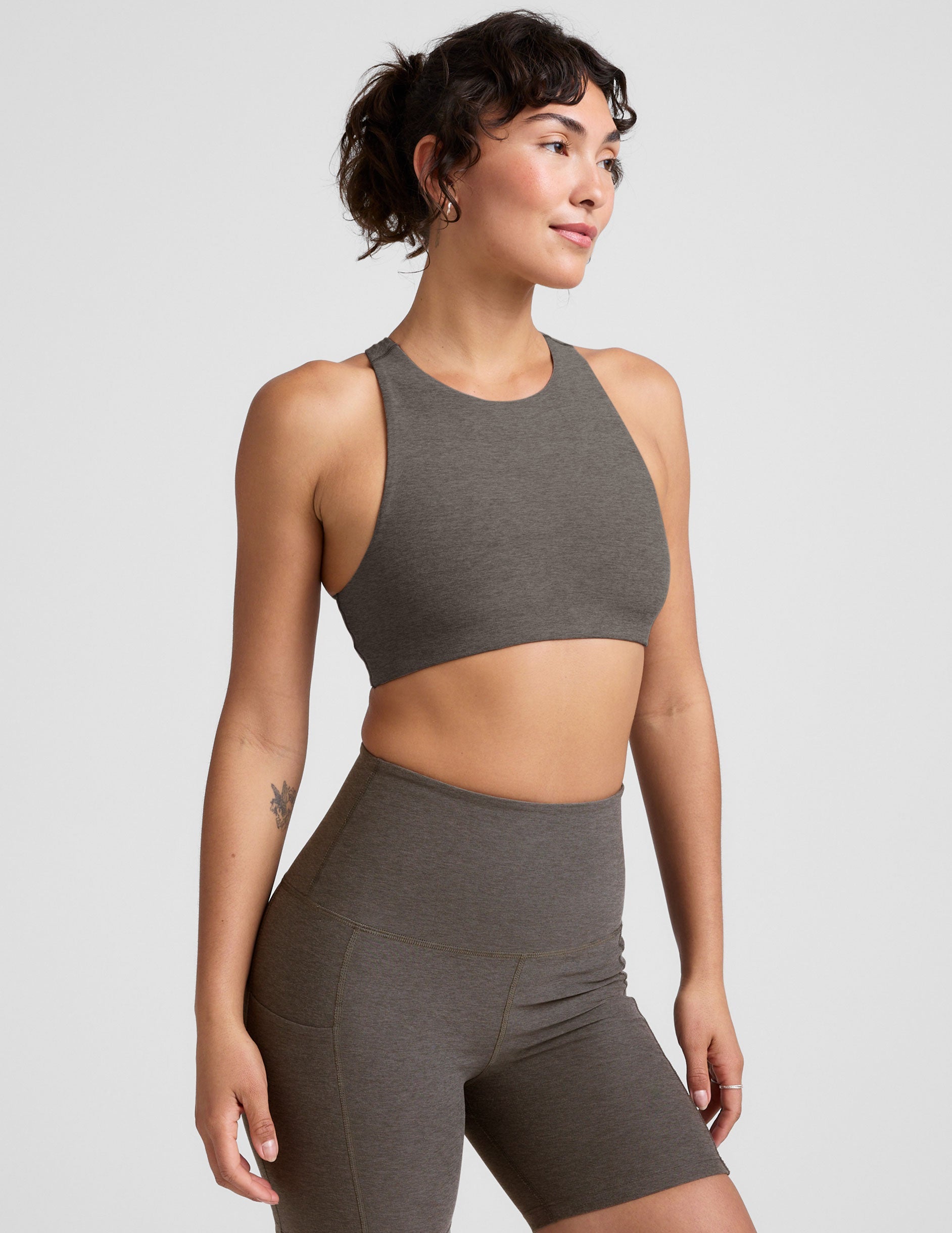 grey high-neck racerback bra.