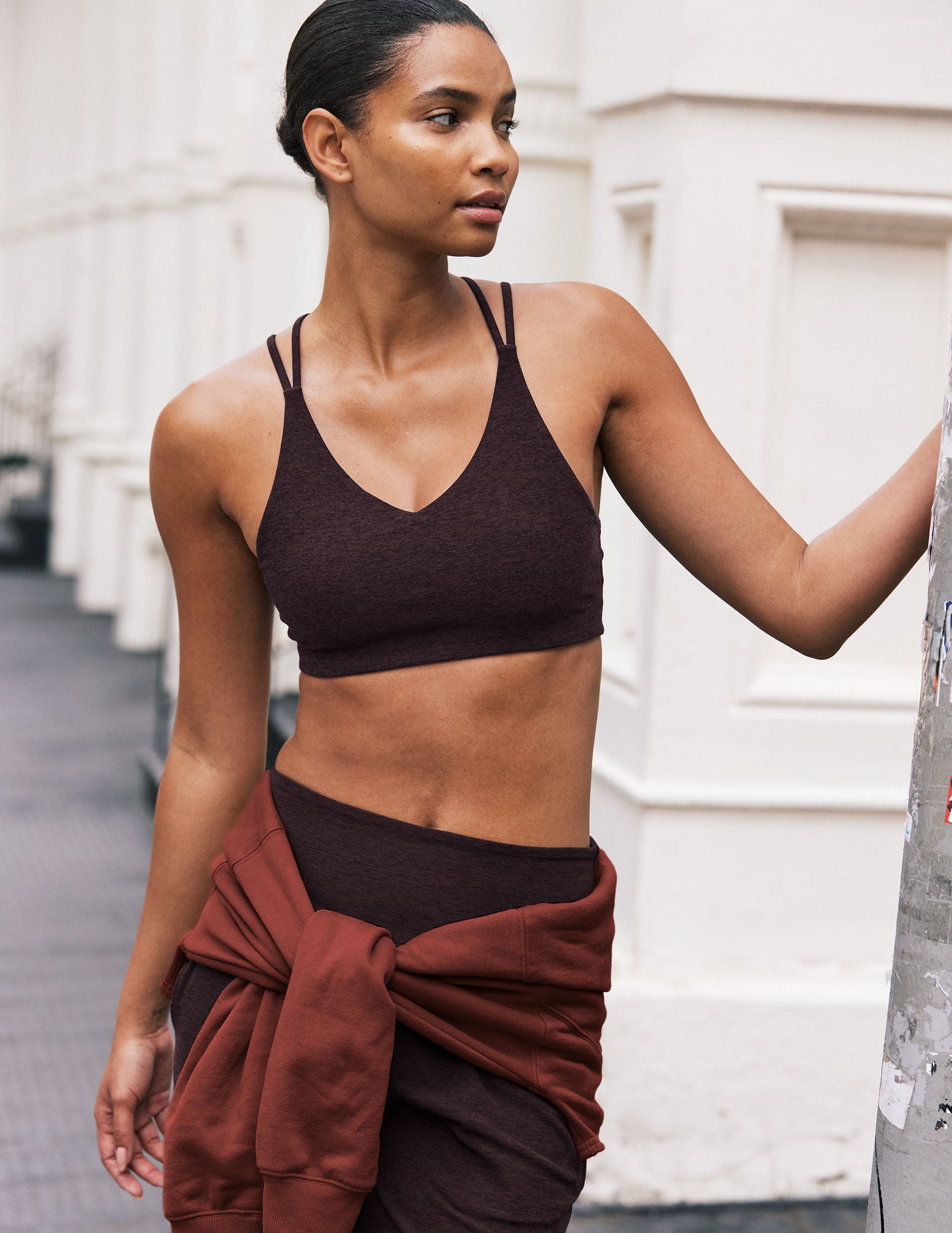 down soft v-neck bra with crossover back straps.