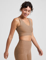 brown long line style bra with a front and back v-neck.