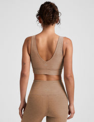 brown long line style bra with a front and back v-neck.