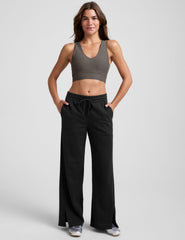 gray long line style bra with a front and back v-neck.