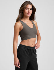 gray long line style bra with a front and back v-neck.
