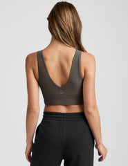 gray long line style bra with a front and back v-neck.