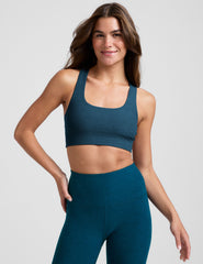 blue scoop neck racerback long line bra.