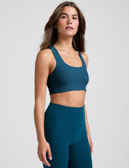 blue scoop neck racerback long line bra.
