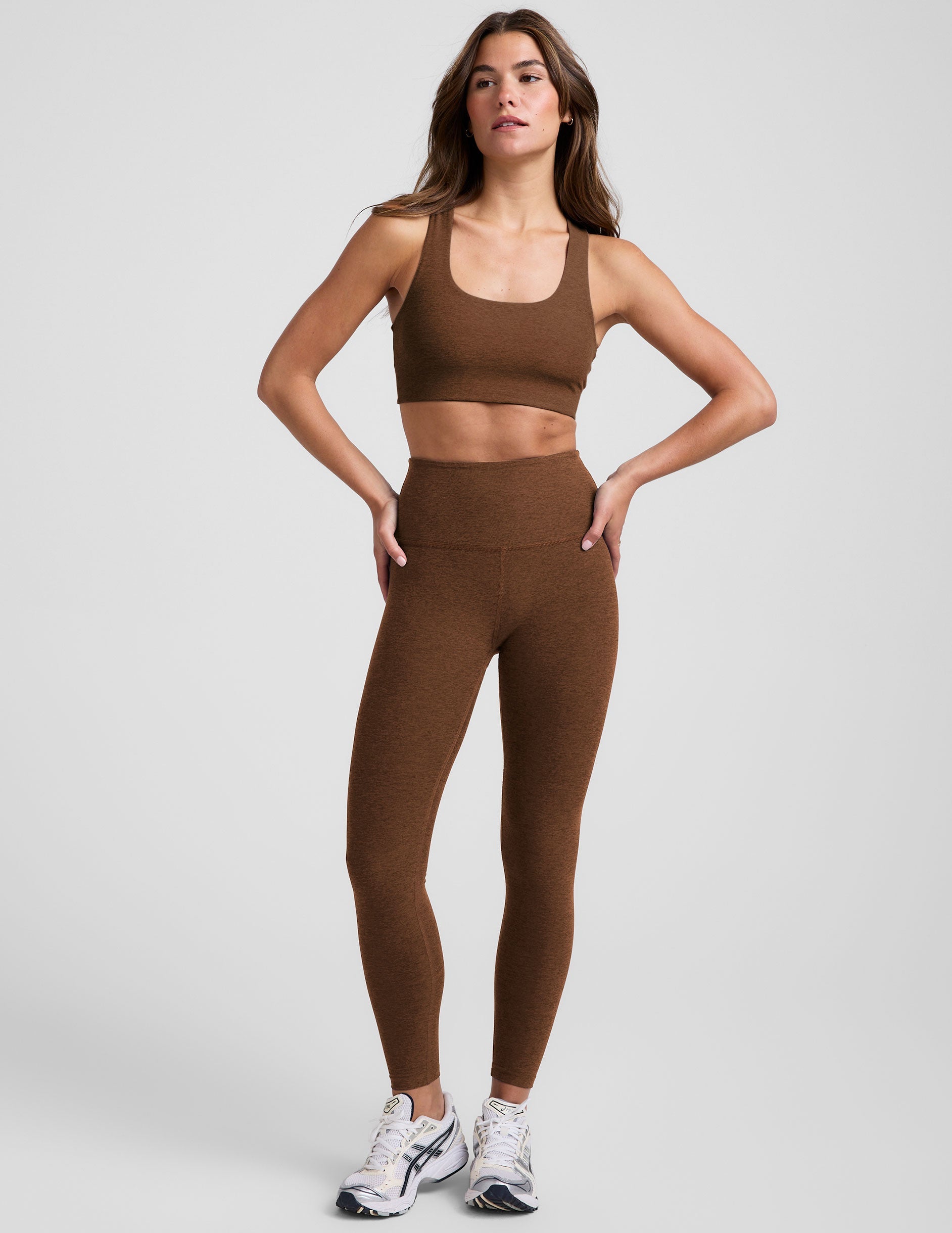 brown long line racerback bra.