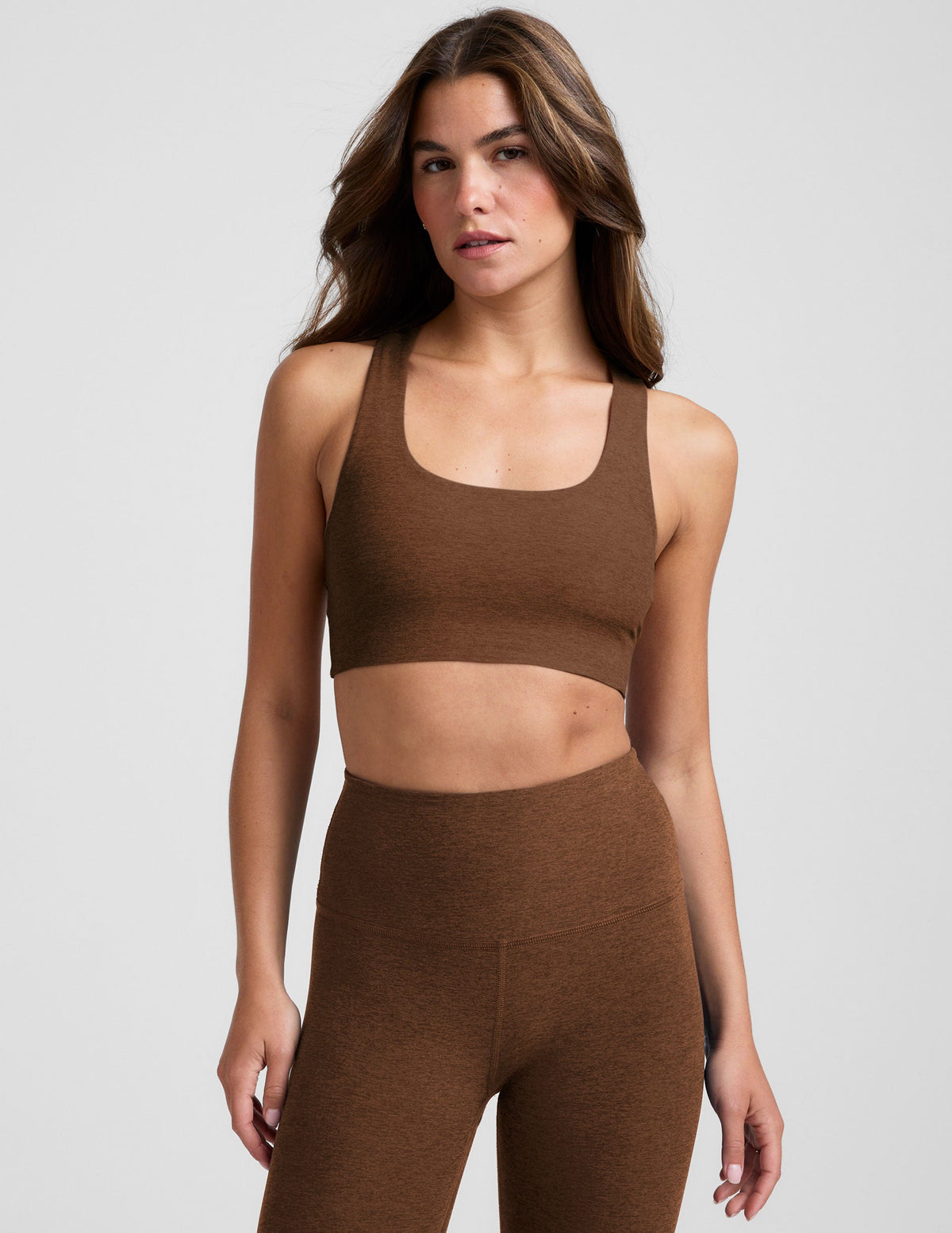 brown long line racerback bra.