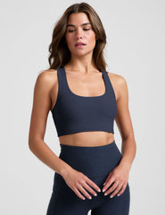blue long line racerback bra.