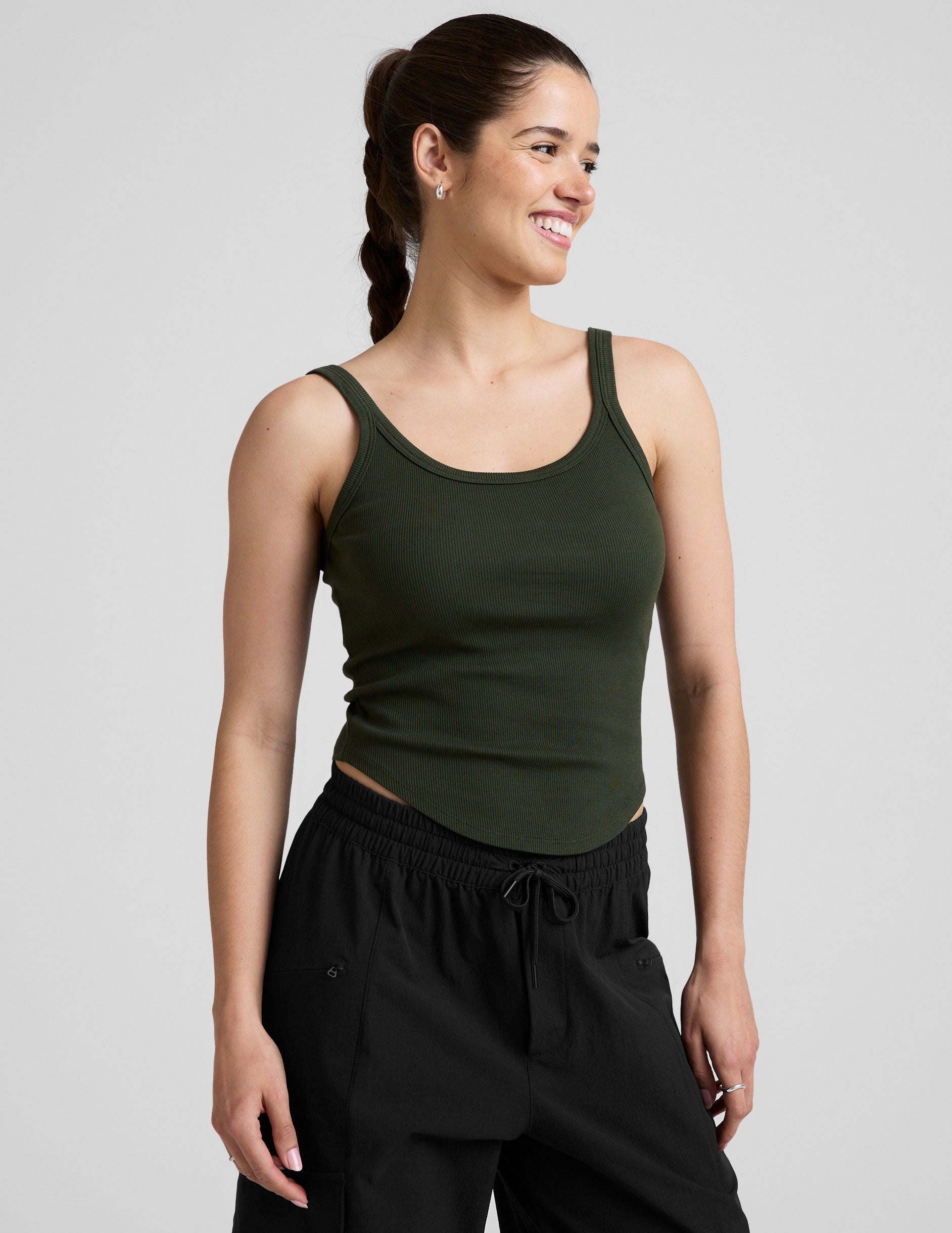 green scoop neck ribbed tank top.