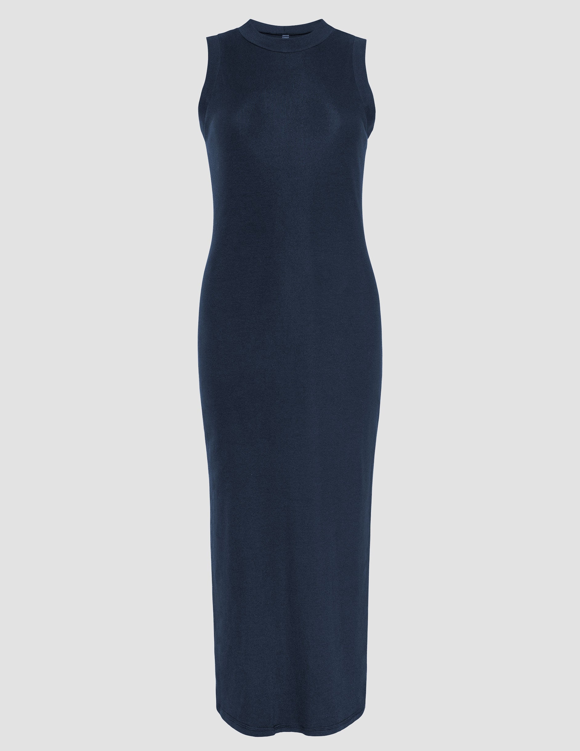 blue midi length ribbed dress with a side slit and mock neckline.