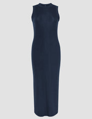 blue midi length ribbed dress with a side slit and mock neckline.