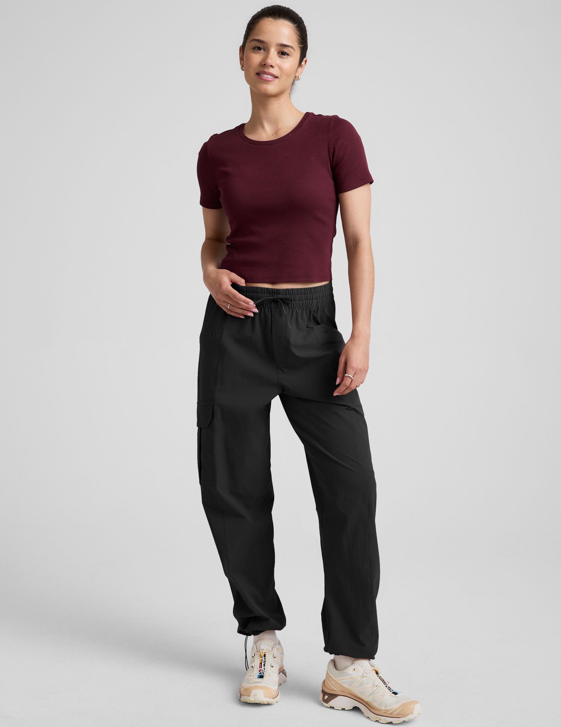 red ribbed cropped t-shirt.