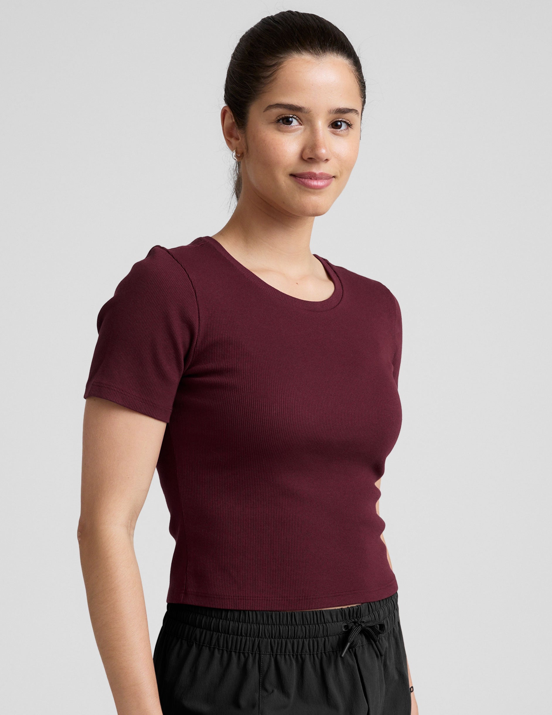 red ribbed cropped t-shirt.