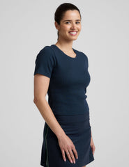 blue ribbed cropped top with a scoop neckline.