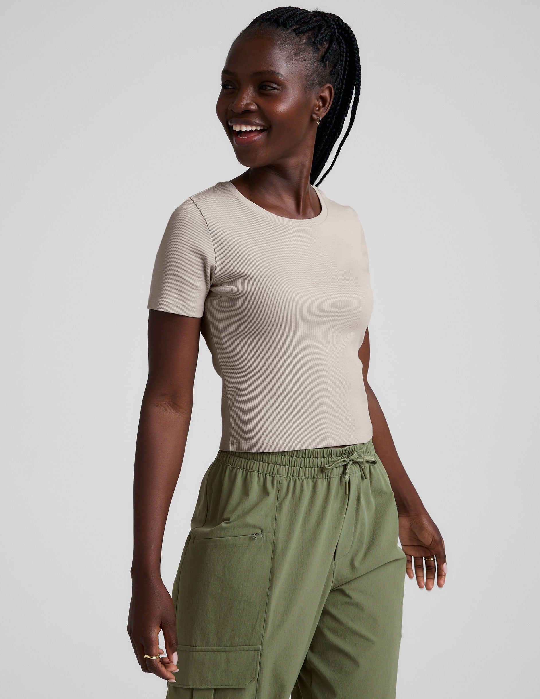 brown ribbed cropped top with a scoop neckline.