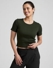 green ribbed cropped top with a scoop neckline.