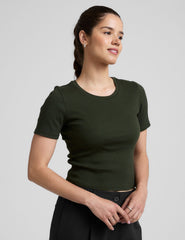 green ribbed cropped top with a scoop neckline.