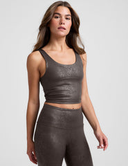 brown viper printed scoop neck cropped tank.