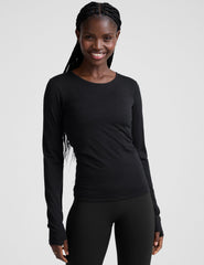 model wearing a black long sleeve crewneck top against a plain background.